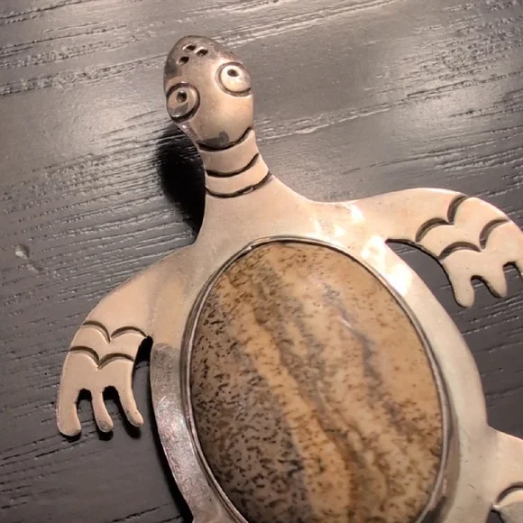 Cii 925 Mexico Sterling Silver Ocean Jasper Sea Turtle Brooch Pin Vintage - Picture 4 of 9